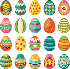 Colorful set of happy Easter eggs with patterns and textures for decor or painting on an isolated and transparent background. Cute icons, elements and symbols for a spring holiday design