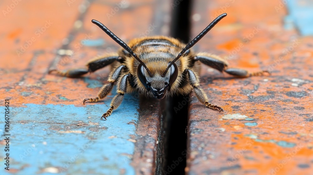 Poster close up view of an insect on a rusty, weathered surface. the insect is in sharp focus against a bac