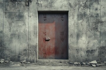 Weathered metal door on concrete wall in urban setting. Artificial Intelligence