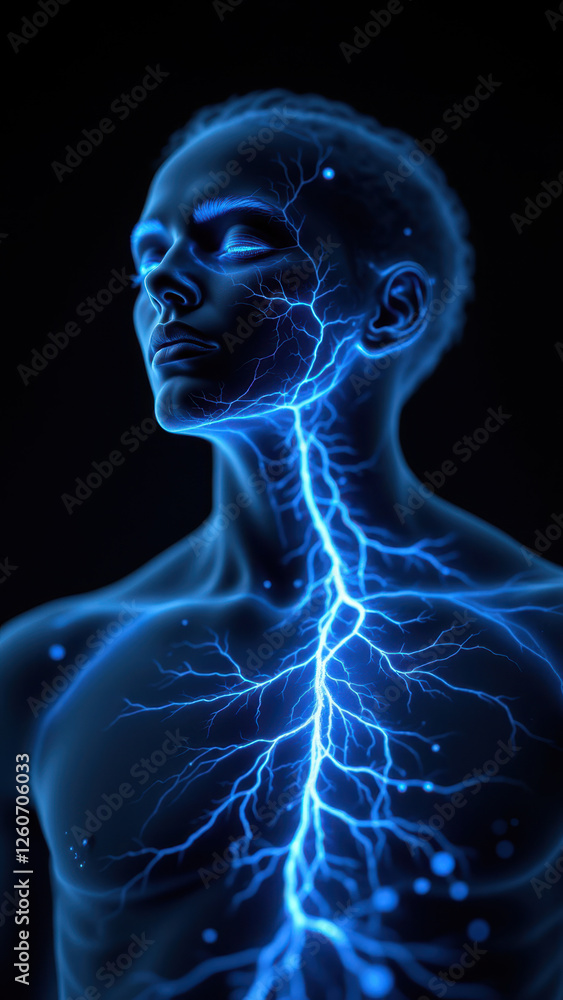 Poster a 3d rendering of a human head with an artistic representation of lightning bolts emanating from the