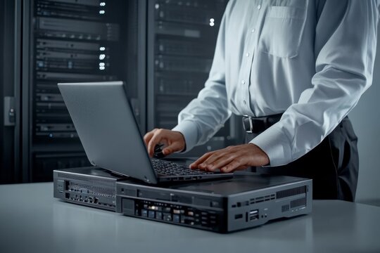 Professional IT technician working on a laptop in a server room during a data management task