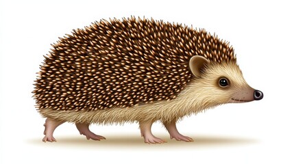 Obraz premium Digital illustration of a hedgehog, side view, against a plain white background. The hedgehog's quills are a mix of light brown and dark brown, and