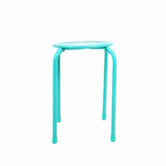 Metal round blue stool chair isolated on square white background from front side view.