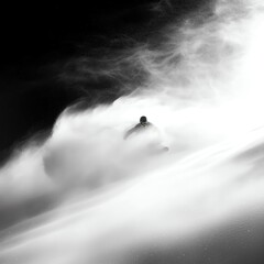 snowboarding through powder snow - extreme snowboarding in deep snow - winter snowboarding adventureA full body view of a snowboarder goes down the slope, executing a perfect bottomless turn. 