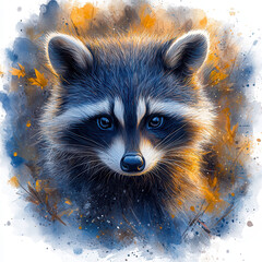 Obraz premium Adorable raccoon with expressive eyes surrounded by colorful watercolor splashes, showcasing its playful nature and vibrant surroundings