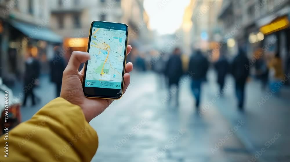 Poster tourist hand gripping smartphone, displaying online navigation map while zooming across blurred urba