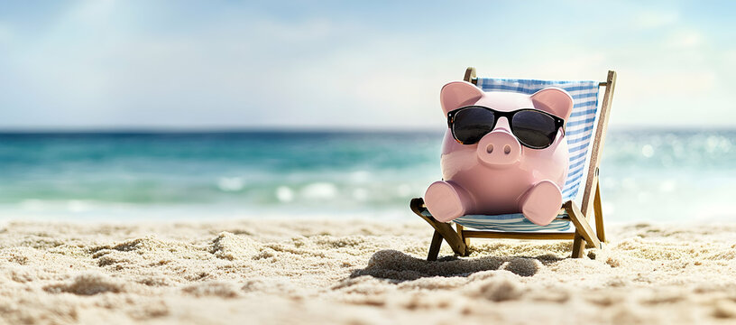 Pink piggy bank lounging on beach chair with turquoise ocean background