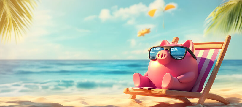 Pink piggy bank lounging on beach chair with turquoise ocean background