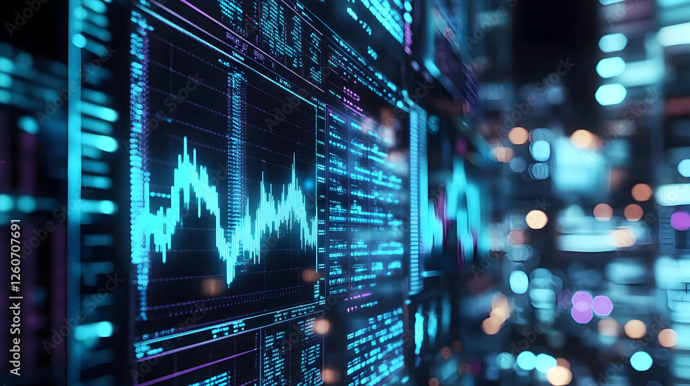 Poster holographic display showing dynamic blue and cyan stock market charts on a circuit board