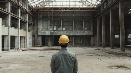 Worker in derelict factory interior