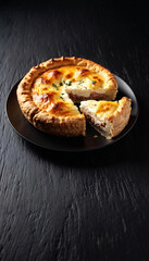 A savory pie with round, leavened dough balls, sitting on a sleek black ceramic plate. One ball is slightly  open to reveal the creamy mozzarella and chunks of ham inside. The dark background provides
