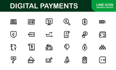 Digital Payments Icons. High-Quality Line and Outline Vector Illustrations for Mobile Wallets, Transactions, Online Payments, and Digital Finance