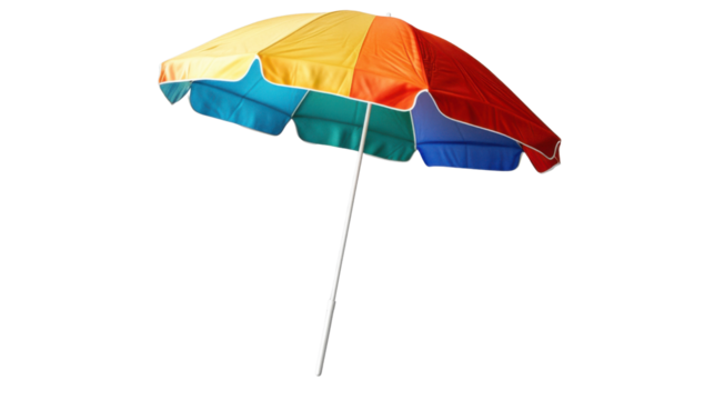 Colorful beach umbrella providing shade on transparent background