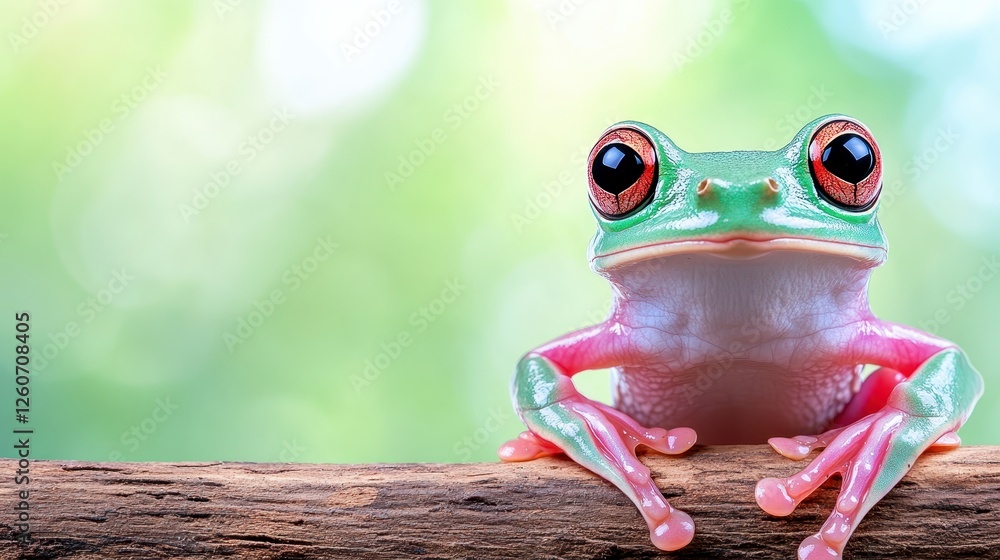 Poster close up view of a vibrant green and pink tree frog resting on a natural branch. the background is s