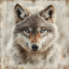 Fototapeta premium Furry wolf pup with striking blue eyes, showcasing soft watercolor shades and gentle blending. This captivating artwork highlights beauty of nature
