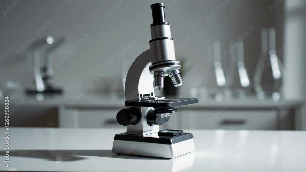 Poster modern laboratory microscope stands on a table in a research facility, slow motion video showcasing 