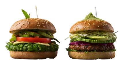 Generate transparent background images of trendy food and beverage items like avocado toast, matcha lattes, vegan burgers, and artisanal desserts. Focus on vibrant colors and realistic textures for us