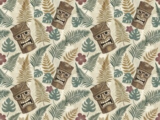 Obraz premium Intricate Tiki Mask with Tropical Patterns in Earthy Tones for Exotic Decor