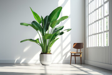 Fototapeta premium Illustrate a potted Banana plant as an indoor air purifier, emphasizing its air-purifying features with a vivid depiction of vibrant greenery against a minimalist white setting