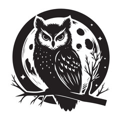 Moonlit silhouette of an owl Silhouette Vector Illustration, Solid White Background.