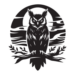 Moonlit silhouette of an owl Silhouette Vector Illustration, Solid White Background.
