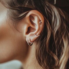 Elegant ear with stylish hoop and stud earrings in close-up detail
