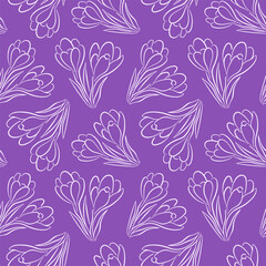 Seamless floral pattern with crocus or saffron flower in line art style on purple background. Spring design for wallpaper, wrapping and textile.