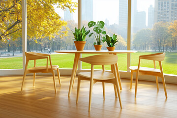 Fototapeta premium Bright, airy modern apartment living room with biophilic design, indoor plants, natural light, organic materials, and a view of a city park.