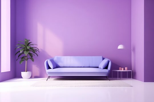 Violet sofa with two pillows against violet wall in living room interior. Interior design. Lamp and vase with plant.