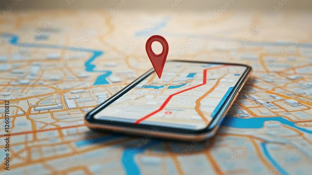 Aufkleber Smartphone screen displaying digital navigation map, tracking location and planning route with precise gps technology in detailed slow motion perspective