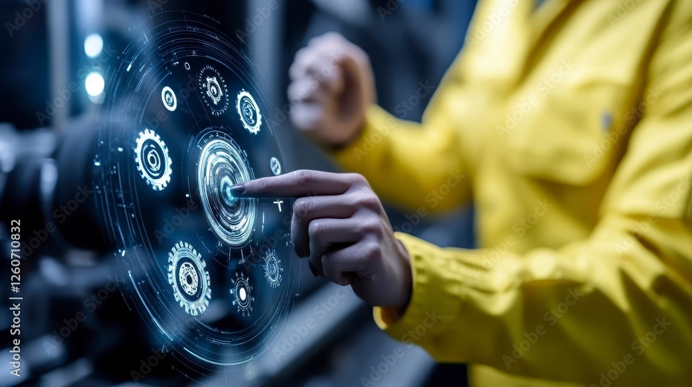 Poster industrial worker interacts with a futuristic holographic interface, displaying interconnected gears