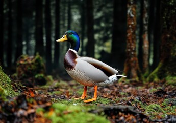 Colorful Male Duck Standing on Mossy Ground in Serene Forest