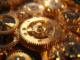 Golden gears and cogs interlocked in a steampunkinspired mechanism