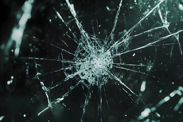 Shattered glass pane with spiderweb cracks on black background, high detail