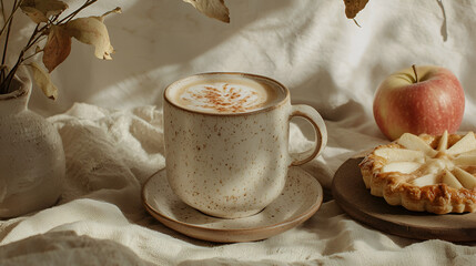 Autumn still life featuring a latte, mini apple tart, and fresh apple on a textured white surface.
