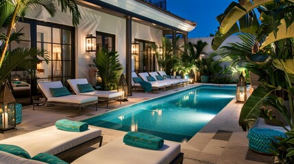 Luxury Poolside Background with Lounge Chairs, Tropical Plants, and Illuminated Blue Water at Night