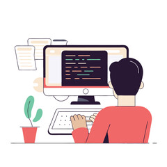 Happy Labor Day. Programmer Coding at Workstation desk skill typing office vector