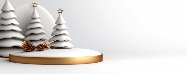 A serene winter scene featuring white Christmas trees, golden accents, and pinecones on a snowy surface, evoking a festive and cozy atmosphere.