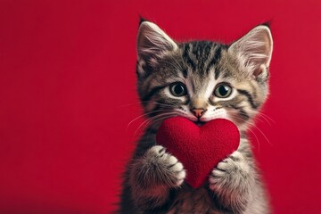 Cute kurilian bobtail baby feline with diamond red heart - sign of love, funny greeting card. Marketing creative. Kurilian bobtail - my treasured cat. Romantic cat photo. Romantic love animal.