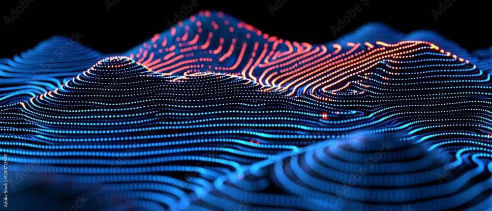 Poster abstract blue red digital landscape particle wave 3d data flow style