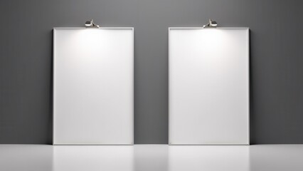 Two blank posters with lights above them on a gray wall, suitable for showcasing artwork or advertisements.