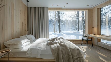 Cozy Winter Bedroom Background with Large Window and Snowy View