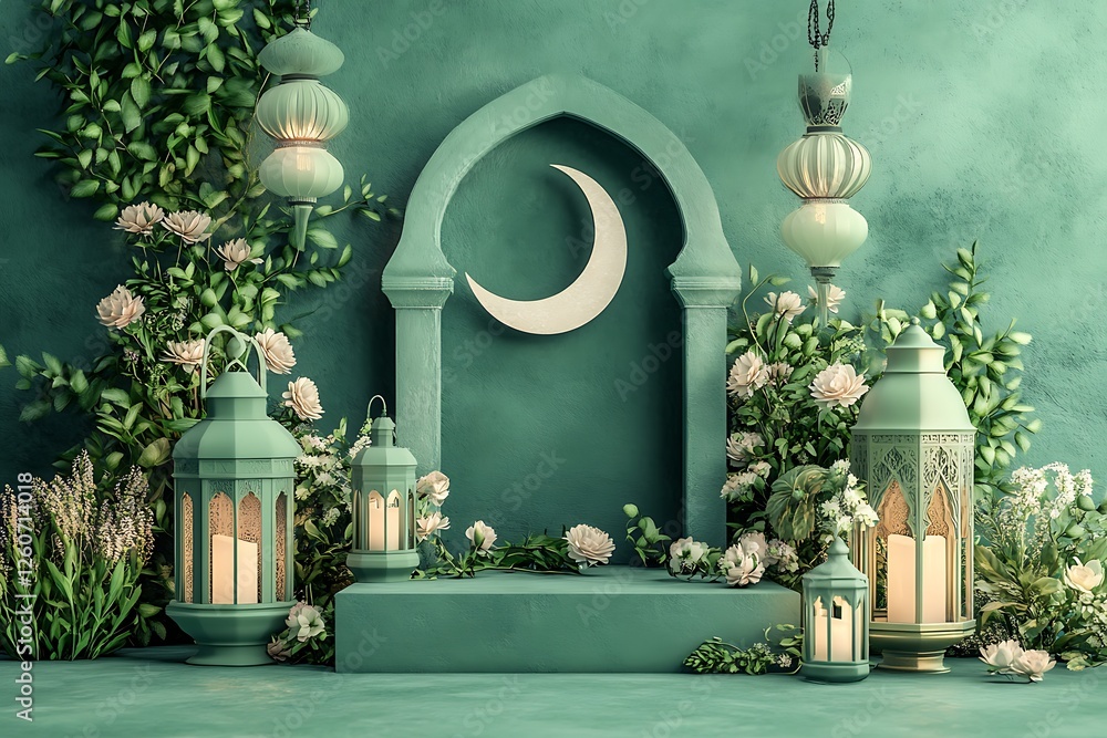 Fototapete 3d rendering image of ramadan and eid fitr theme greeting background with islamic decoration objects