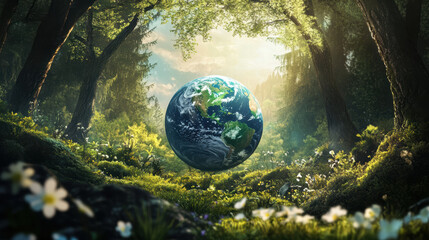 vibrant Earth surrounded by lush greenery and sunlight, symbolizing nature beauty and harmony. scene evokes sense of peace and environmental awareness
