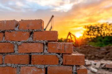 Obraz premium A close-up of a brick wall against a vibrant sunset, highlighting construction work and the beauty of nature's colors.