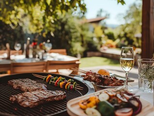 Backyard barbecue with grilled steak, vegetable skewers, and white wine