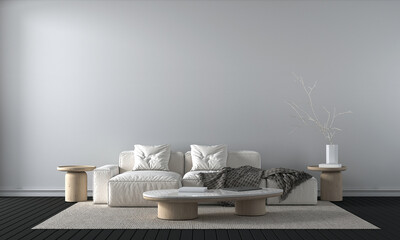 Home and decor and modern white living room interior design and empty pattern wall background. 3D rendering. 