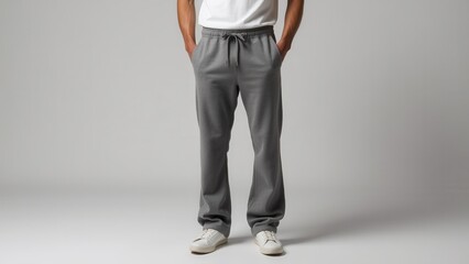 Flared sweatpants men's mockup featuring a person wearing gray sweatpants and white sneakers.