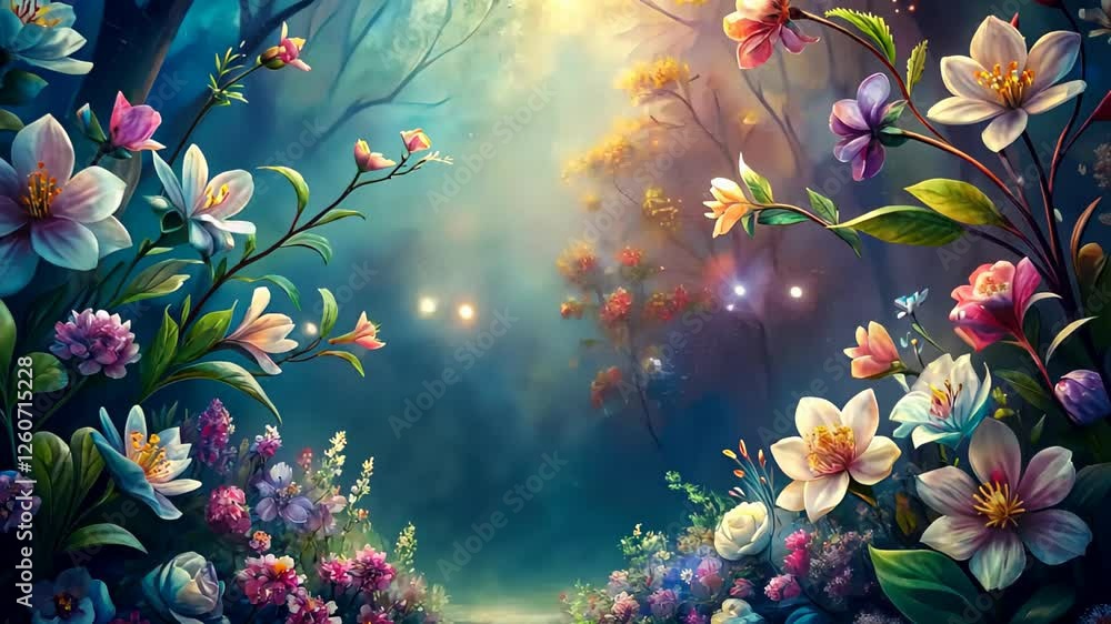 Poster explore a magical forest filled with enchanting flowers and soft light glowing through the trees at 