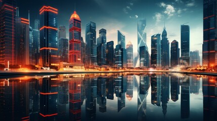 Fototapeta premium Futuristic Cityscape At Sunset With Dramatic Lighting And Modern Architecture, Illustration